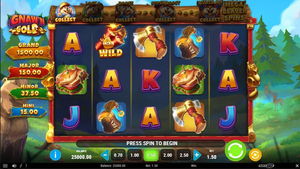 Pemandangan hutan yang indah dalam slot Gnaw’n Gold dengan karakter berang-berang.