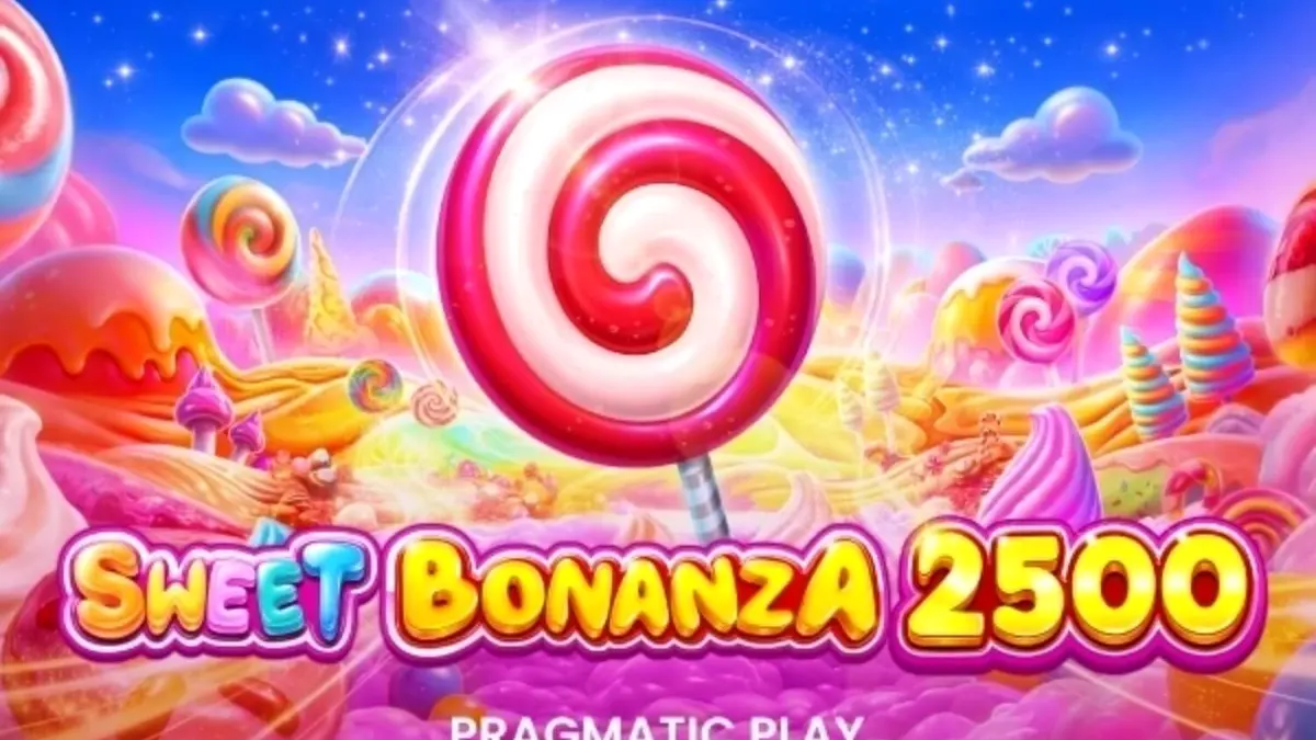 Tampilan visual penuh warna dari slot Sweet Bonanza 2500 dengan simbol permen dan buah-buahan.